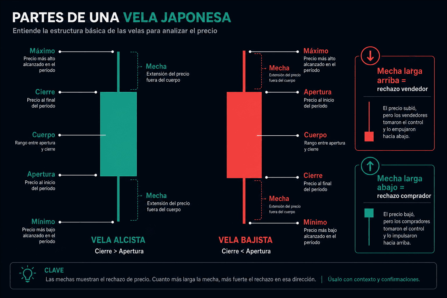 Diagrama de las partes de una vela japonesa: una vela alcista verde y una bajista roja con apertura, cierre, máximo, mínimo, cuerpo y mechas etiquetados